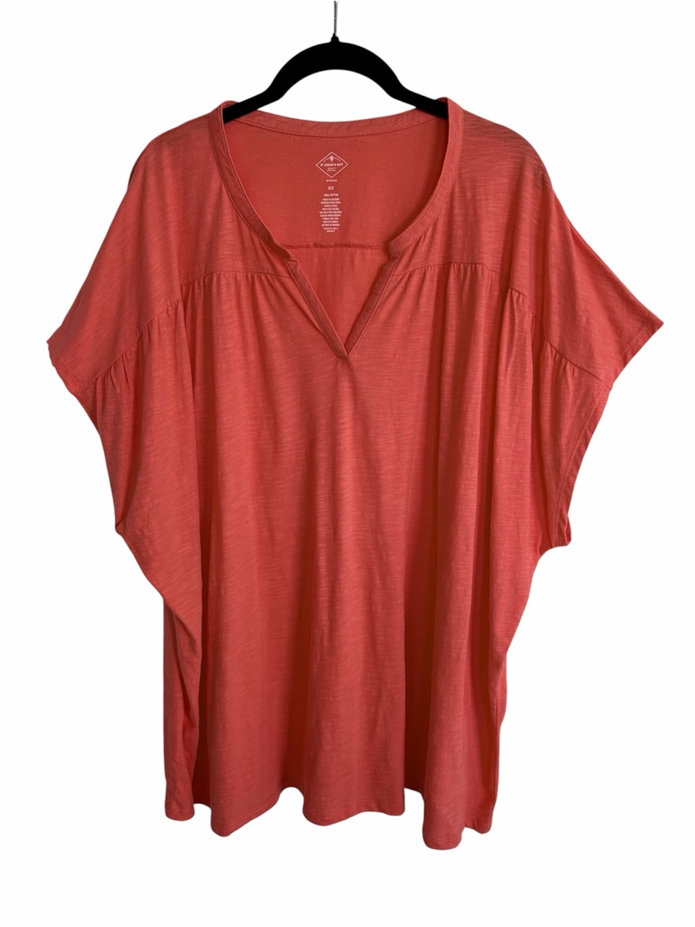 St Johns Bay Womens 2X Plus Size Cotton Coral Short Sleeve V Neck Top NWT